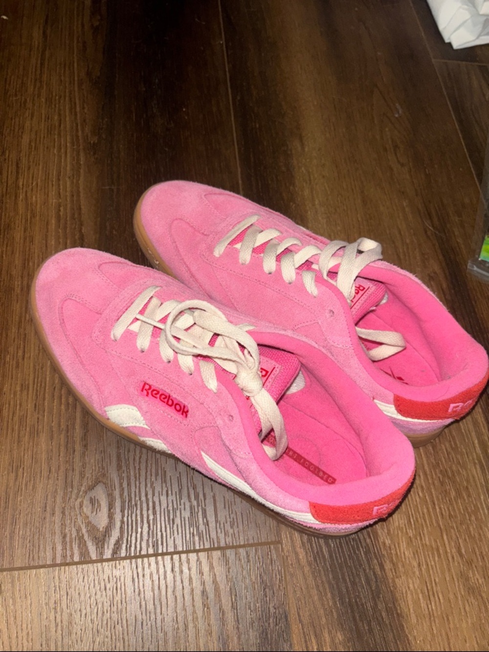 Reebok Pink Suede Sneakers with Cream Stripes and Gum Sole